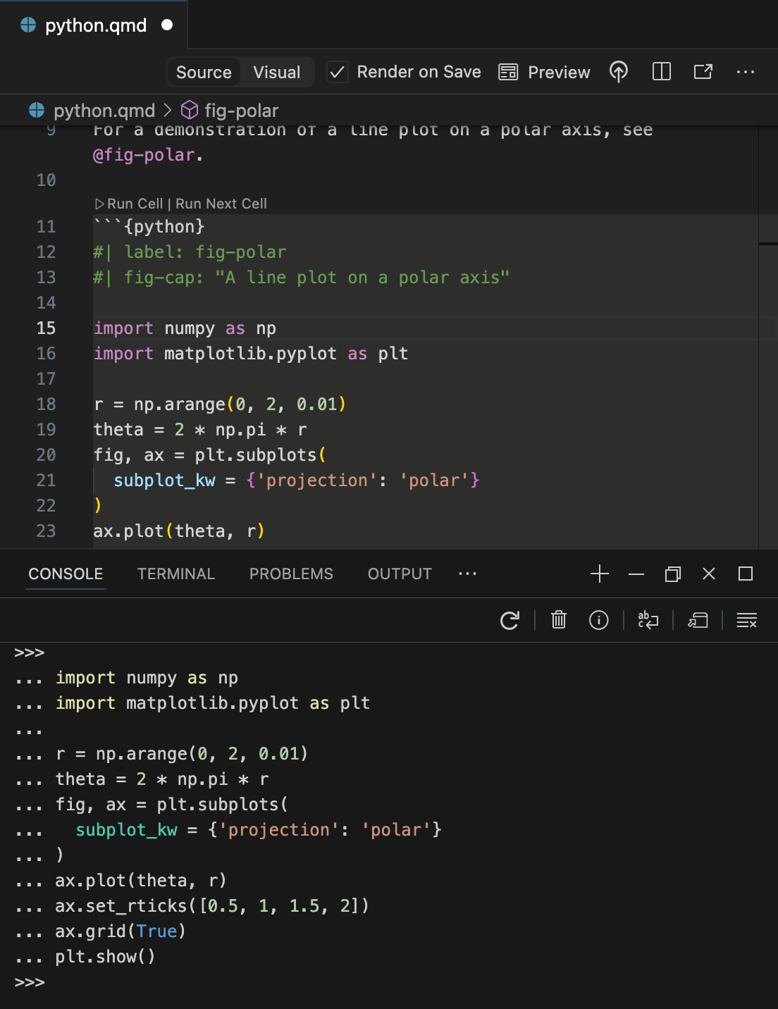 Positron with two panes open, source code on the right, and the interactive output of that code shown in a second pane on the left.