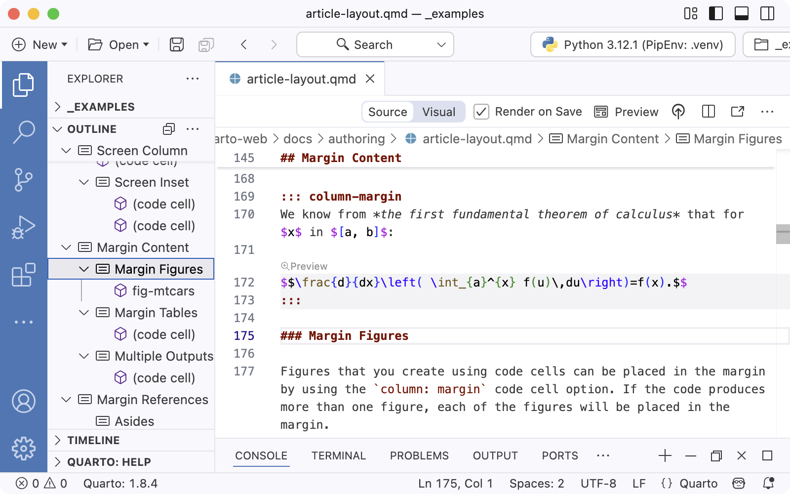 Quarto document with outline view shown in left-hand panel. The outline shows the section headers of the quarto documents.